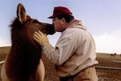 Miracle the Elk, gets a kiss from his adoring owner the Elk Farmer