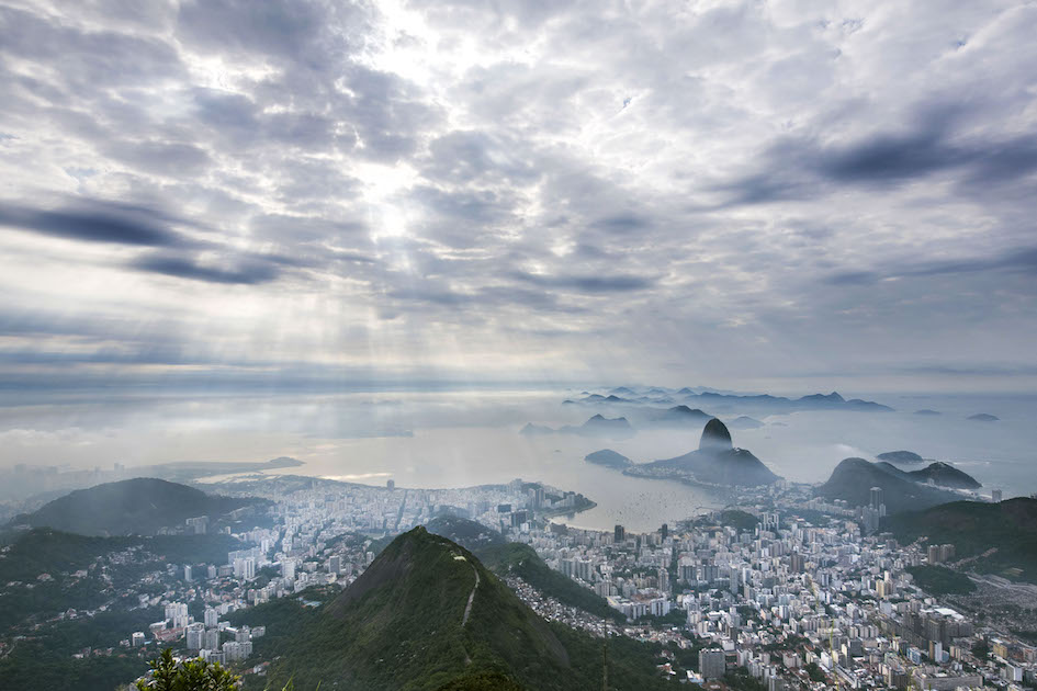 The misty morning view seen from Christ the Redeemer, Rio de Janerio.