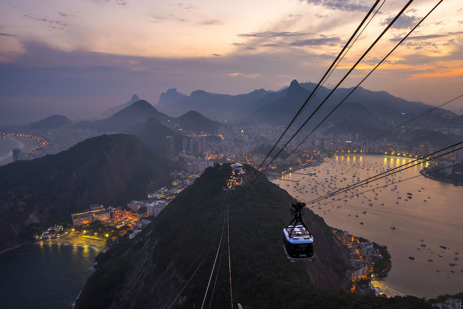 The dusky view of Rio de Janerio from the top of Sugarloaf Mountain.