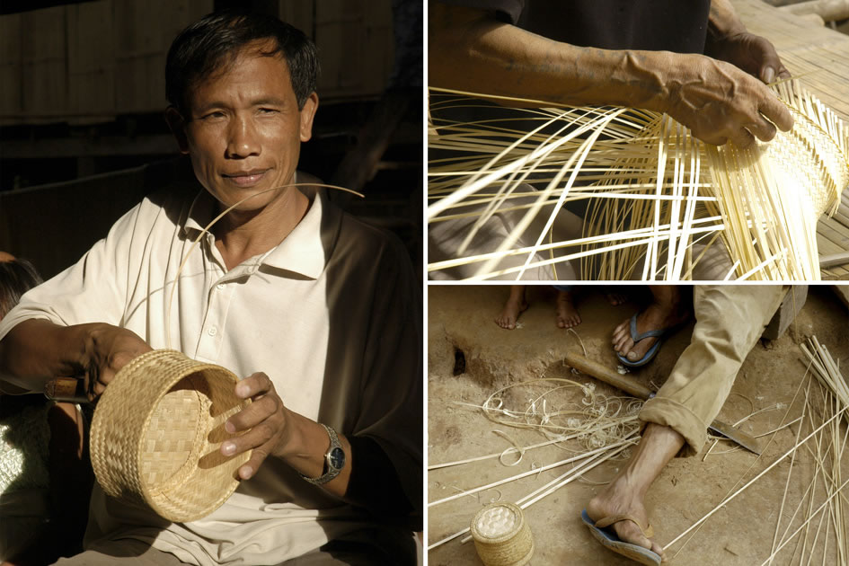 Kamu man weaving a rice basket
