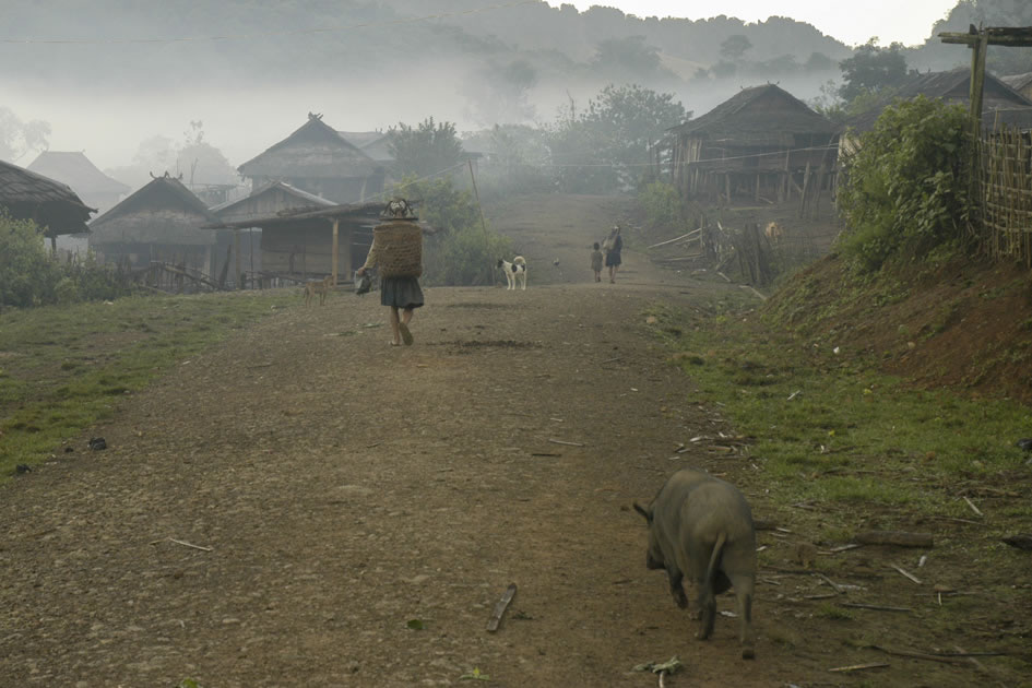 A foggy morning off to work, Akha village