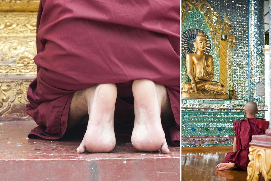 Monks praying at the Shwedagon Pagoda, Yangon