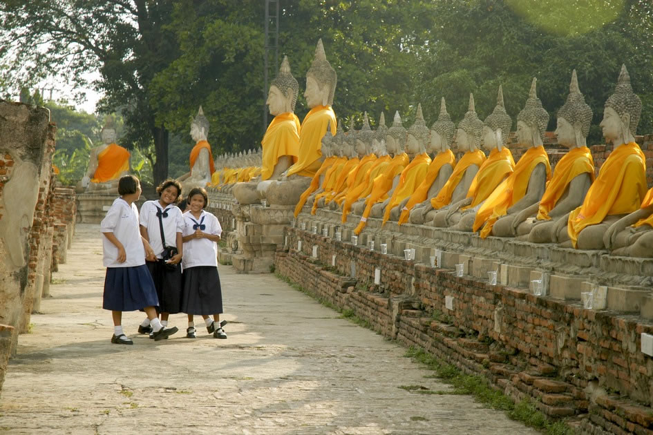 Schoold Girls Amongst the Buddhas of  Ayutthaya